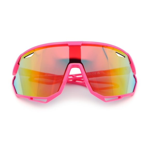 Boys Color Mirror Sportsmans Shield Oversized MTB Wrap Around Plastic Sunglasses Pink - Orange Mirror
