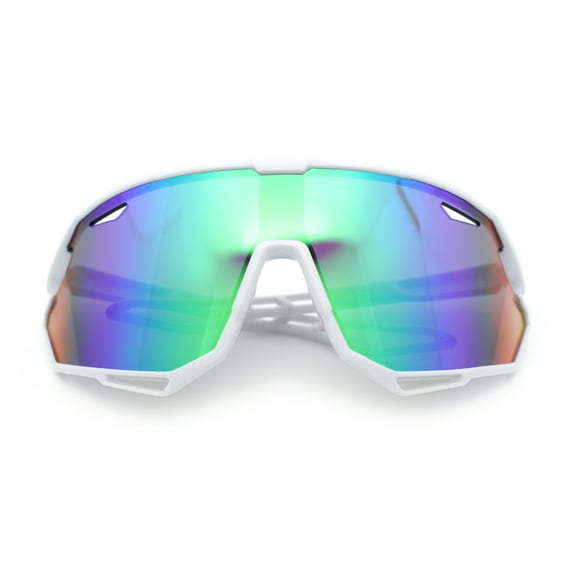 Boys Color Mirror Sportsmans Shield Oversized MTB Wrap Around Plastic Sunglasses White - Green Mirror