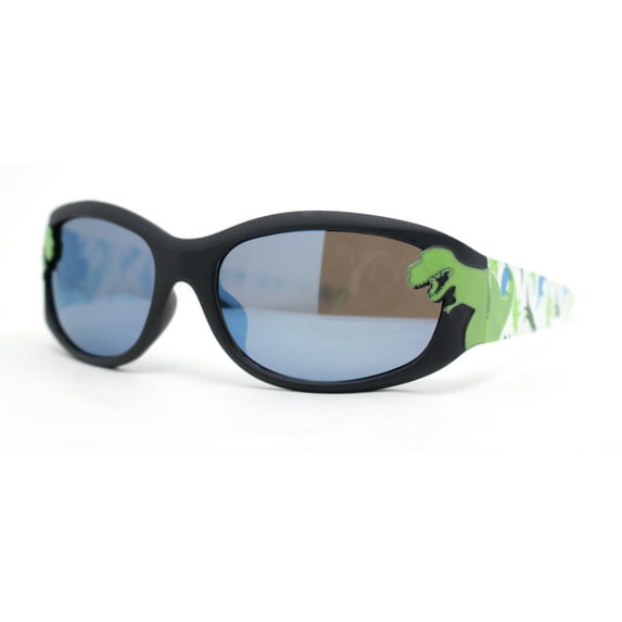 Boys Color Mirror T-Rex Dinosaur Print Arm Oval Sport Sunglasses Black - Blue Mirror