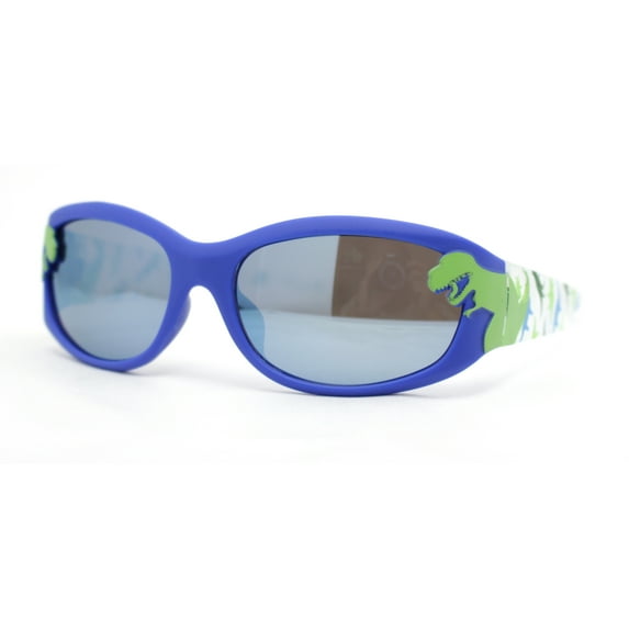 Boys Color Mirror T-Rex Dinosaur Print Arm Oval Sport Sunglasses Blue - Blue Mirror