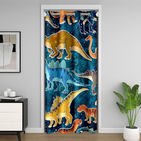 Colorful Dinosaur Door Drape 34"W X 80"L,Cartoon Dino Door Curtain For Doorway Privacy,Galaxy Outer Space Blackout Curtain,Ancient Jungle Animal Closet Curtain,Blue Yellow Closet Door