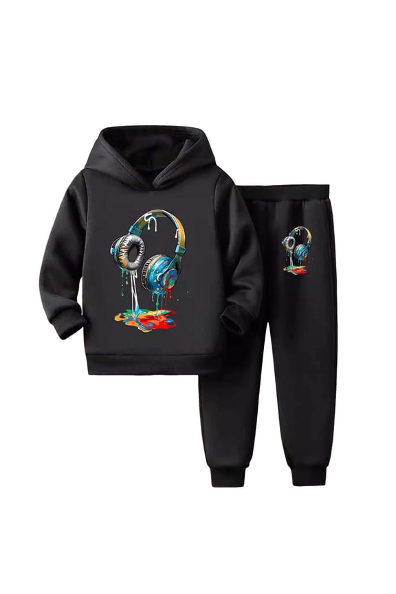 Boys Comfortable And Warm Cute Cartoon Print Long Sleeved Hoodie Pants Casual Two Piece Set