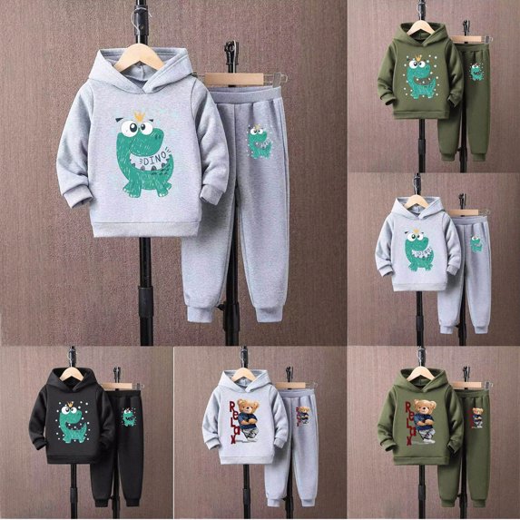 Boys Comfortable And Warm Set Cute Cartoon Print Long Sleeved Hoodie Pants Casual Two Piece Set 6-24 Months 2T 3T 4T 5T 6T Children AG,5-6 Years