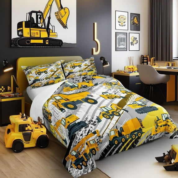 Boys Construction Comforter Set Truck Bedroom Decor for Kids Girls Under Construction Vehicles Down Comforter Toddler Child Cartoon Machinery Truck Excavator Bedding Tractor Cars Duvet Quilt,Twin