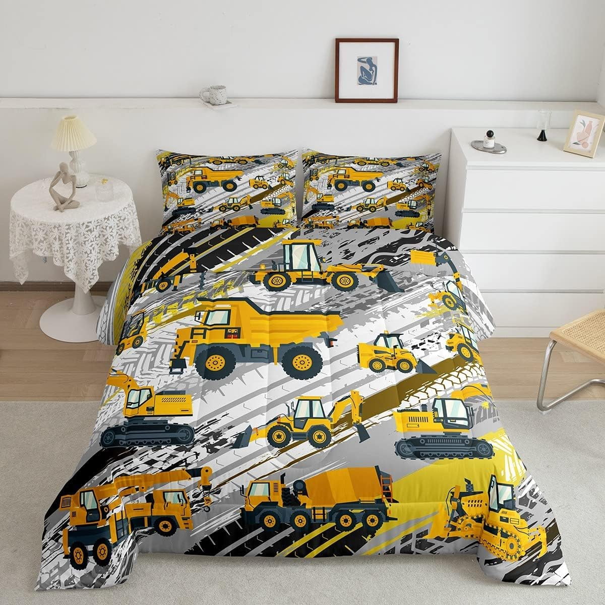 Boys Construction Comforter Set Truck Bedroom Decor for Kids Girls