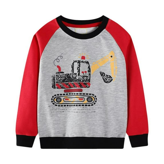 Boys Construction Crane Vehicle Print Long Sleeve Jersey Shirt Comfort Crew Neck Play Top Toddler Casual Wear Kids Pullover Daily Outfit