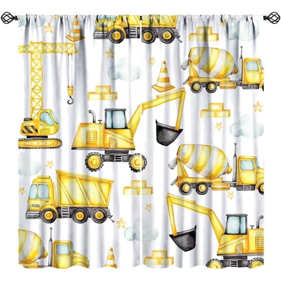Boys Construction Curtains, Watercolor Yellow Cartoon Tractor Truck Excavator Bulldozer Print Blackout Window Treatments for Kids Child Bedroom Nursery, 84x84in