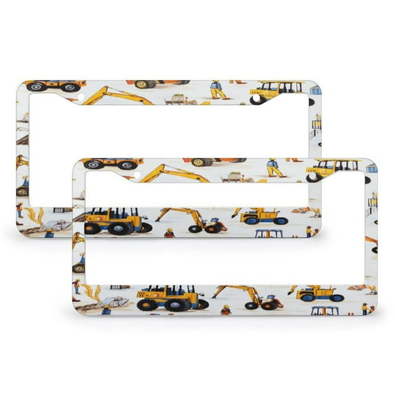 Boys Construction Machine And Trucks License Plate Frames 2 Pack Cartoon Car Auto Decorative Frames Cars Protector Cover Holder for Women Men Quality Aluminum License Plate Frame
