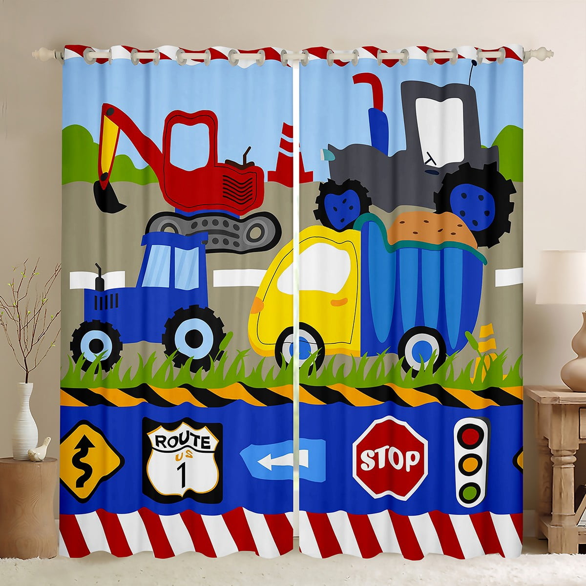 Construction Truck Curtains For Kids - 2 Panels, 38x54 Inch, Machinery Theme Room Decor