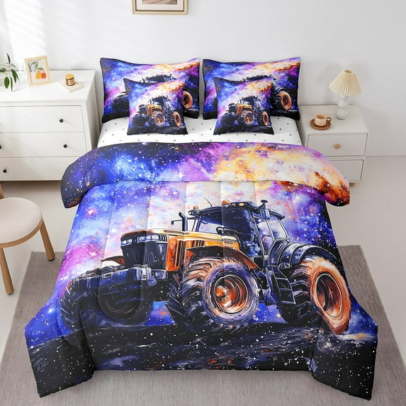 Constructions Car Queen Comforter Set 7 Piece,Farm Machinery Tractor Truck Bedding Set Teen Adults,Construction Site Cars Bed In A Bag With Sheets Galaxy Starry Sky Bed Set
