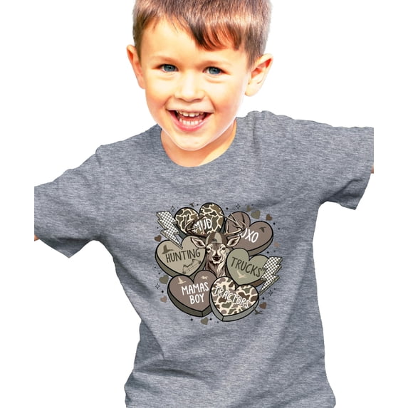 Boys Conversation Hearts Valentine's Day Shirt Country Camo Mama's Boy TShirt Granite Heather Shirt 12 Months