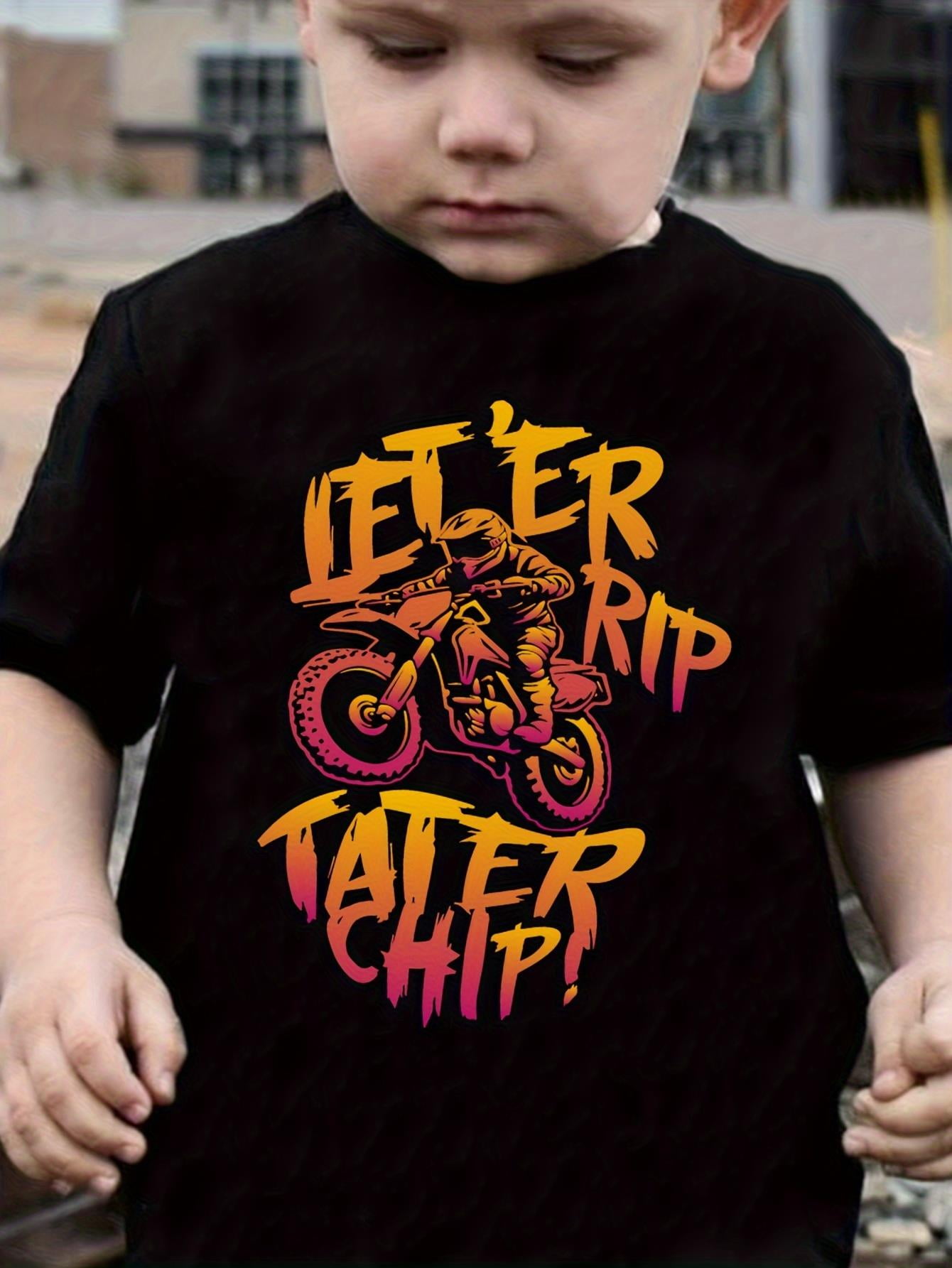 Boys' Cool Motorcycle Graphic Tee - Soft Polyester, Casual Round Neck T ...