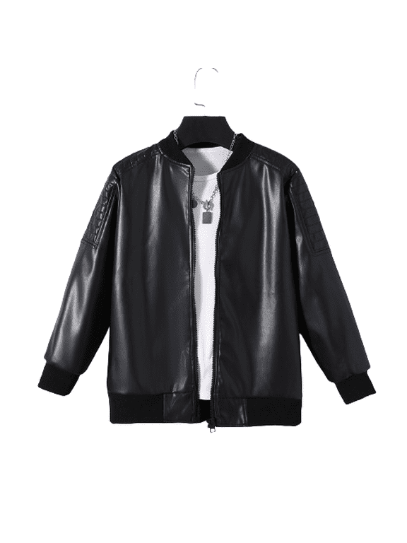 Boys Cool Regular Fit PU Leather Jacket, Comfortable Zip-up Outerwear For Fall And Winter