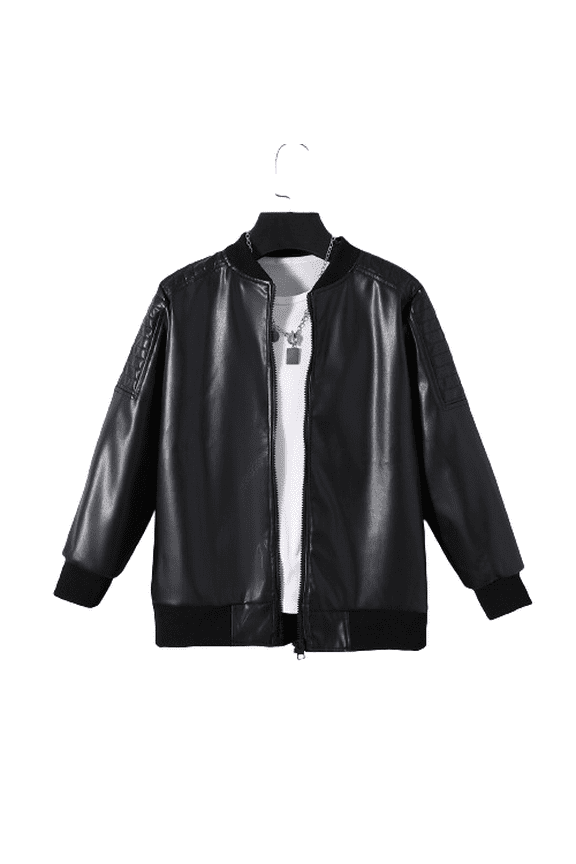 Boys Cool Regular Fit PU Leather Jacket, Comfortable Zip-up Outerwear For Fall And Winter