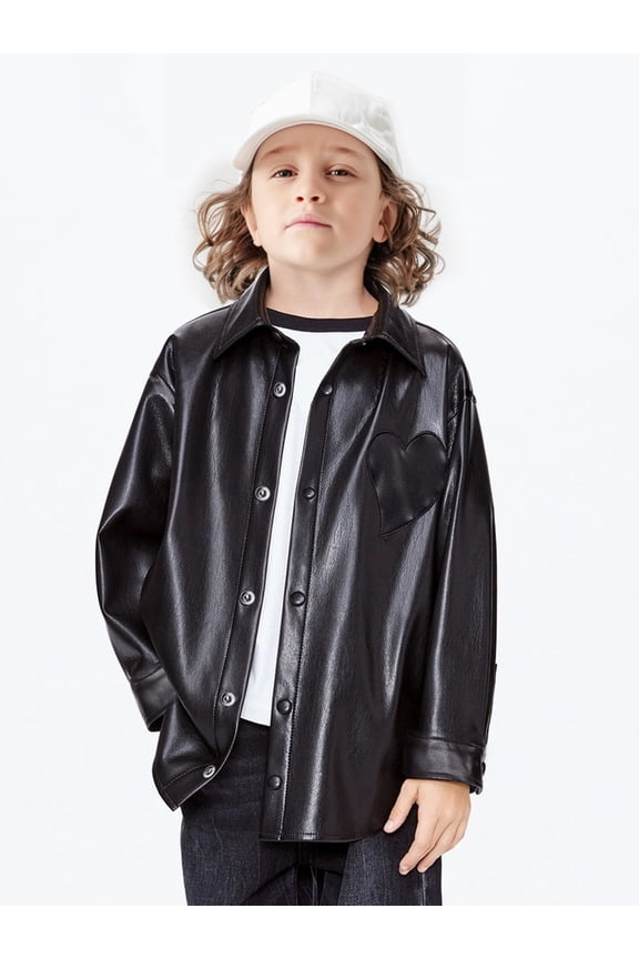 Boys Cool Regular Fit PU Leather Jacket, Fashion Heart Embroidery Button Down Outerwear For Fall And Winter