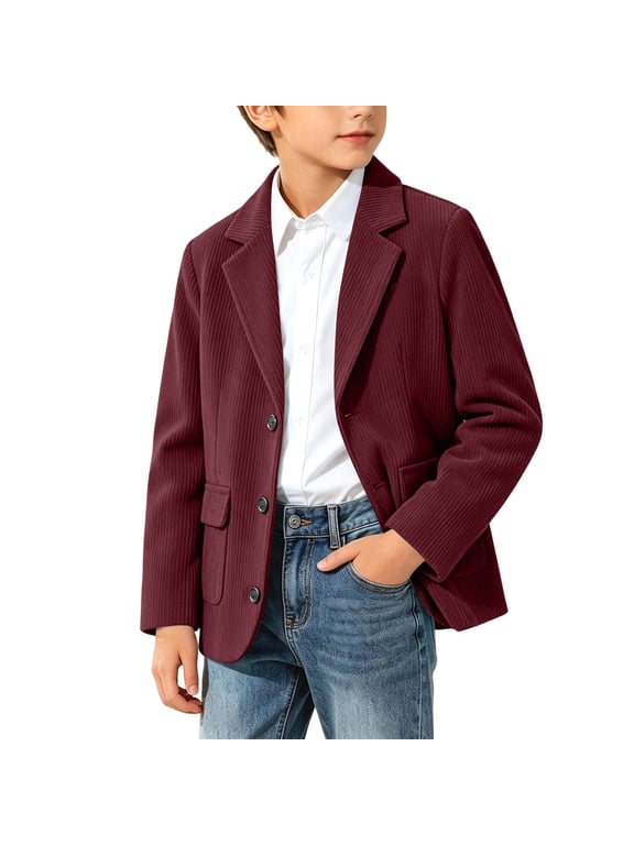 Boys Corduroy Blazer Jacket, 4-14Y Kids Notched Lapel Long Sleeve Button Down Casual Suit Coat with Pockets, Wine 11-12 Years