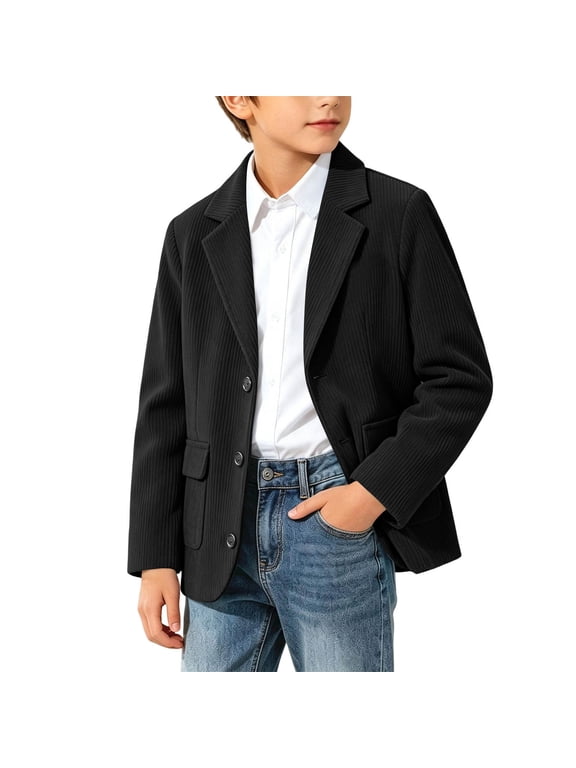 Boys' Corduroy Blazer Long Sleeve Notched Lapel Button Front for School and Special Occasions Black 11-12 Years