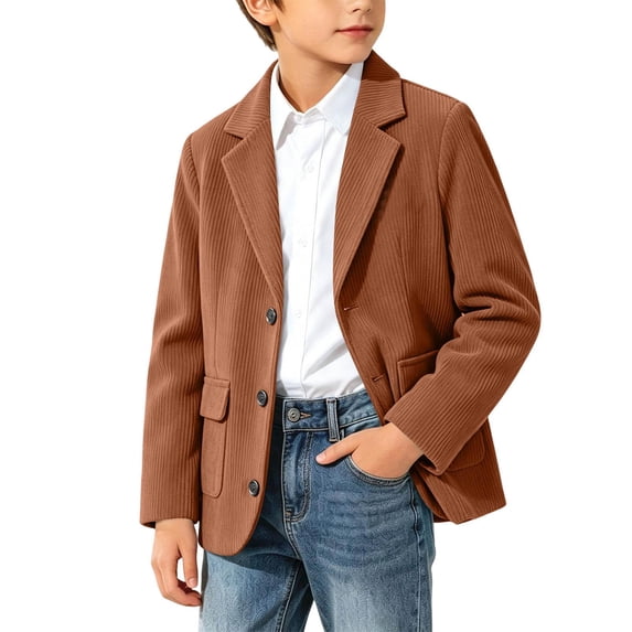 Boys Corduroy Blazer with Pockets Button Down Long Sleeve Formal Notched Lapel Kids Suit Jacket Orange 5-6 Years