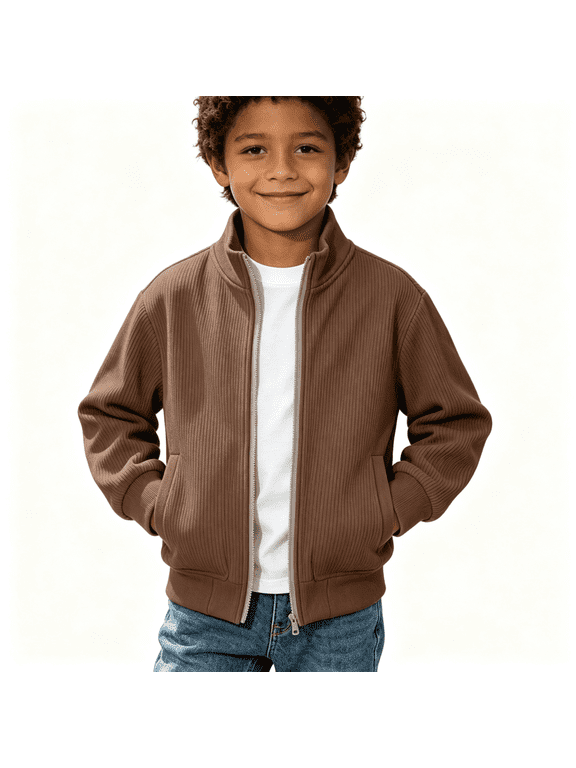 Boys Corduroy Bomber Jacekt with Pockets Casual Full Zip Turtleneck Long Sleeve Lightweight Kids Fall Jacekt Brown 4-14 Years