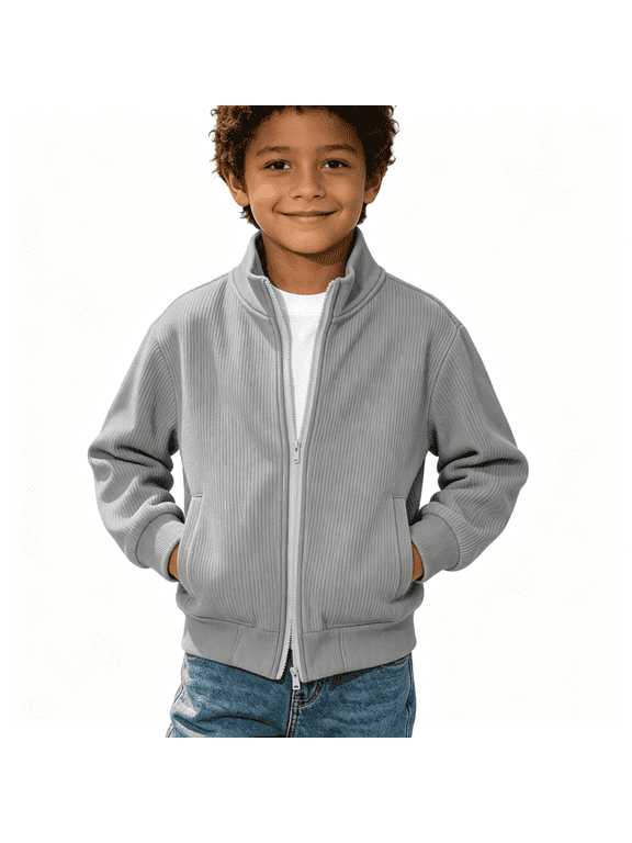 Boys Corduroy Bomber Jacekt with Pockets Casual Full Zip Turtleneck Long Sleeve Lightweight Kids Fall Jacekt Gray 4 Years