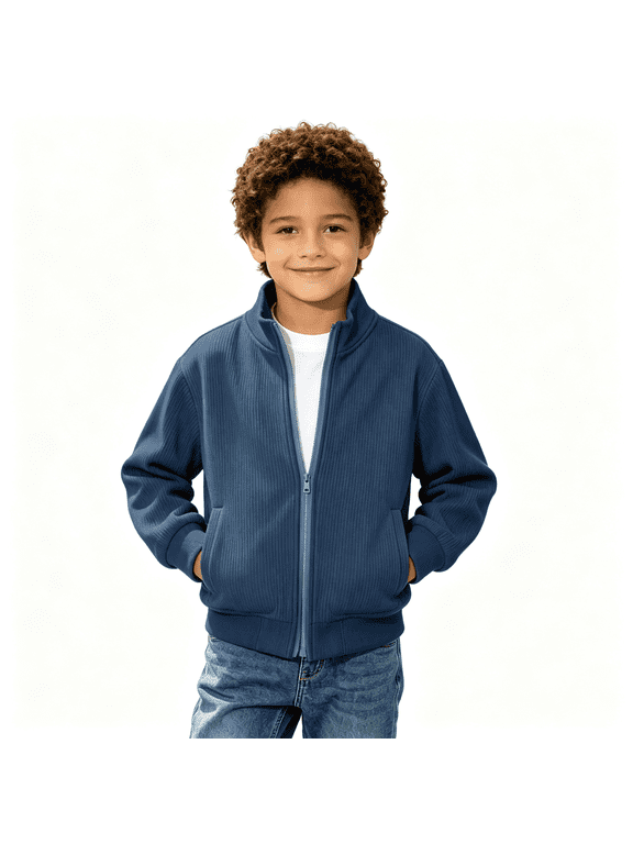 Boys Corduroy Bomber Jacekt with Pockets Full Zip Casual Long Sleeve Lightweight Turtleneck Kids Fall Jacekt Navy 6 Years