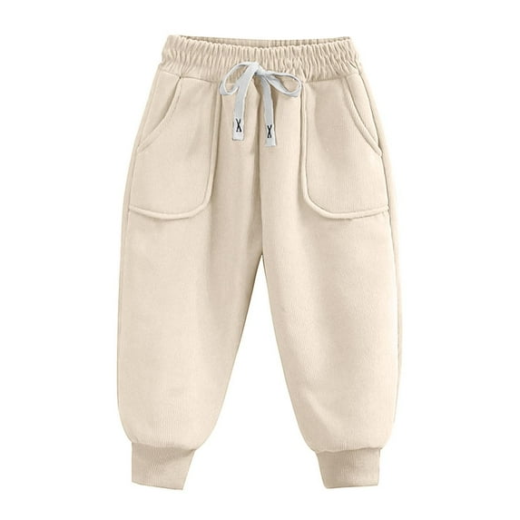 Boys Corduroy Pants Casual Solid Color Elastic Waist Drawstring Plus Velvet Padded Trousers Fashion Versatile Loose Pant with Pockets Beige 11 Years