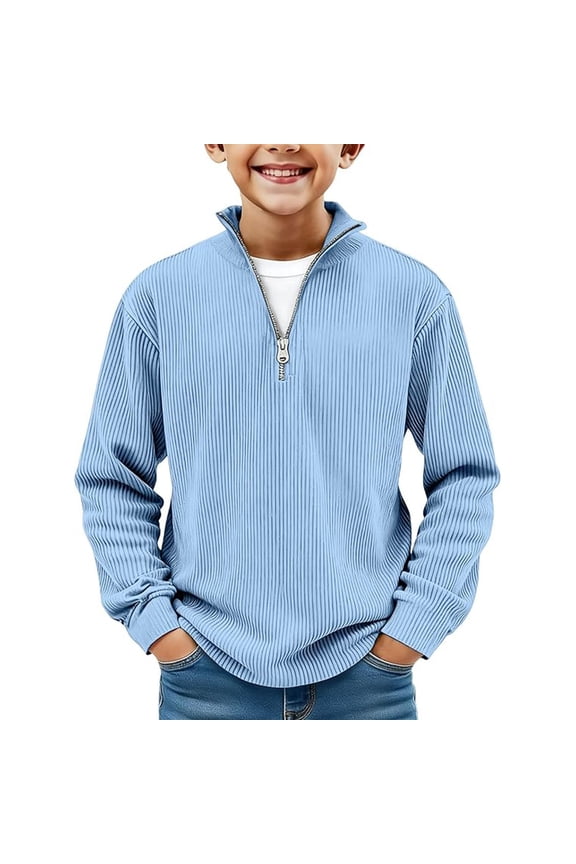Boys Corduroy Sweatshirt Casual Stand Collar Quarter Zip Ribbed Long Sleeve Sweaters Thermal Sweatshirt Light Blue 3 Y-4 Y
