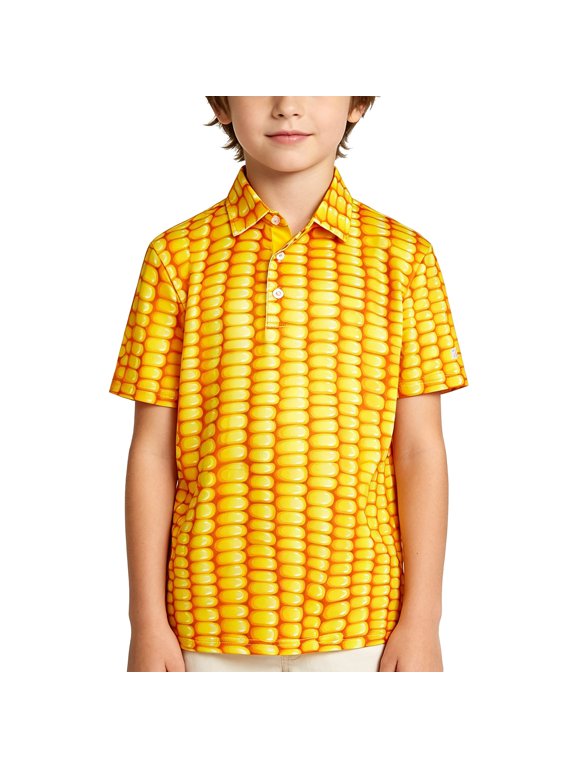 Boys Corn Cob Print Short Sleeve Button Down Shirt, Kids 3D Corn Graphic Casual Polo Shirt, Lightweight Novelty Summer Top for Party Daily Wear(Yellow,13-14 Years)