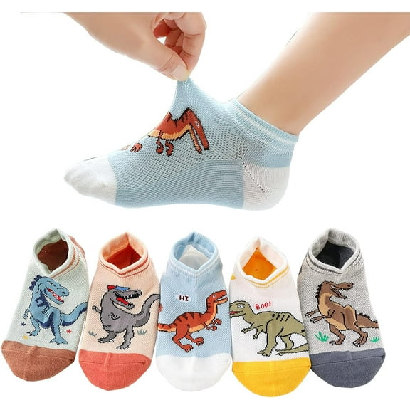 Boys Cotton Ankle Socks 5 Pairs Low Cut Dinosaur Mesh 1-12Y Light Weight Back School Running Sports Casual