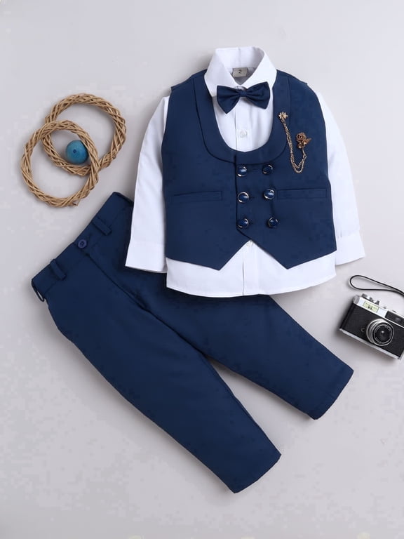 Boys Cotton Blend Double Breasted 3-Piece Suit Set with Bowtie - Deep Blue, 4-5Y