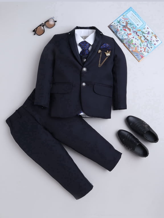 Boys Cotton Blend Solid 5-Piece Coat Suit Set with Waistcoat, Shirt, Trouser & Tie - Navy Blue, 5-6Y