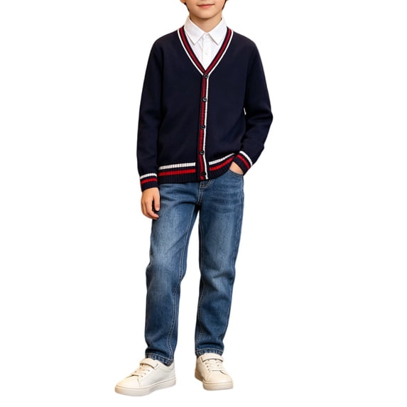 Boys‘ Cotton Cardigan Sweater Button-Up V-Neck Knit Basic Casual Outerwear School Uniform Sweater Striped Rib Trim Pullover