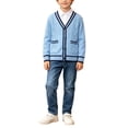 thumbnail image 1 of Boys‘ Cotton Cardigan Sweater Button-Up V-Neck Knit Basic Casual Outerwear School Uniform Sweater Striped Rib Trim Pullover, 1 of 6