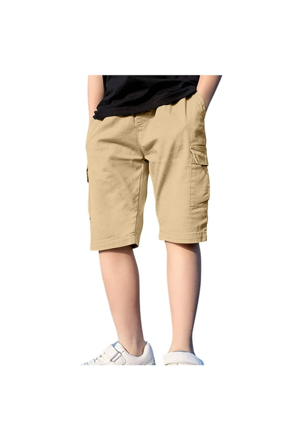 Boys Cotton Cargo Shorts with Multi-pockets Stretch Elastic Waist Pull On Bottoms 4-15 Years Summer Pant (9 Years, Khaki)