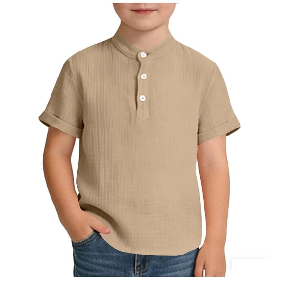 Boys Cotton Henley Shirts Roll Short Sleeve Button Down T-Shirt Summer Casual Breathable Tshirts