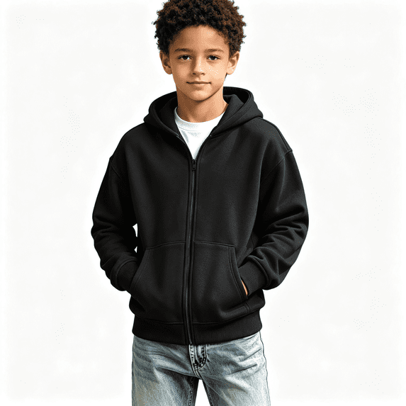 Boys Cotton Hoodie with Pockets Casual Loose Fit Long Sleeve Zip Up Kids Sweatshirt Jacket Black 8