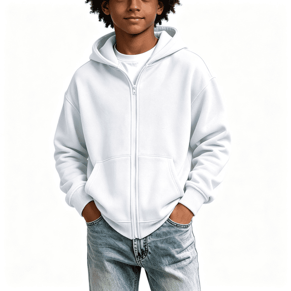 Boys Cotton Hoodie with Pockets Long Sleeve Casual Loose Fit Zip Up Kids Sweatshirt Jacket White 12
