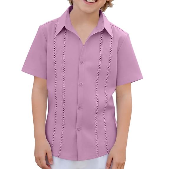 Boys Cotton Linen Blouse Short Sleeve Button Down Dress Shirts Lace Trim Casual Summer Collared Tops for 4-14 Years