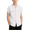 thumbnail image 1 of Boys Cotton Linen Button Down Tops Henley Neck Rolled Short Sleeve Shirts Kids Beach Vacation Summer Blouse with Pockets, 1 of 5
