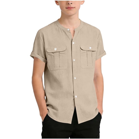 Boys Cotton Linen Button Down Tops Henley Neck Rolled Short Sleeve Shirts Kids Beach Vacation Summer Blouse with Pockets