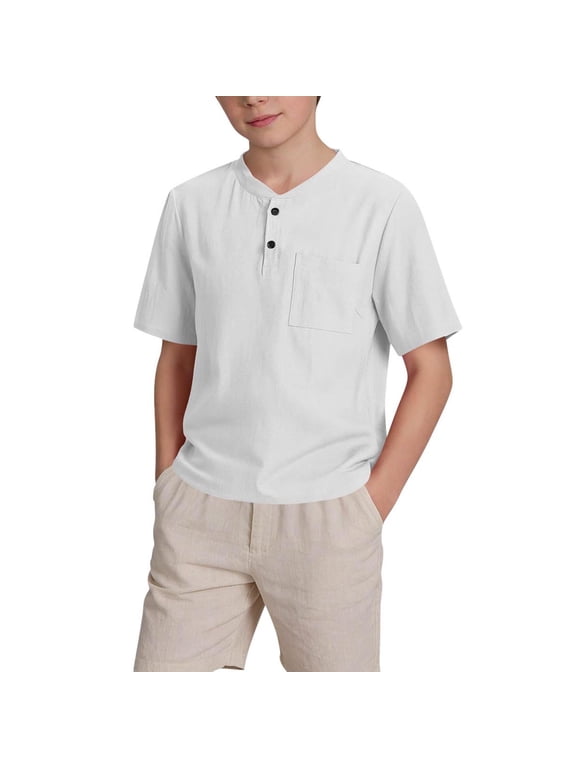 Boys Cotton Linen Henley Shirt Kids Button Short Sleeve Down T-Shirts Summer Casual Tops Tees with Pocket 5-14 Years