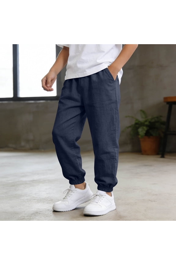 Boys Cotton Linen Joggers Summer Beach Pants Casual Loose Fit Elastic Waistband Long School Uniform Pants with Pockets Lightweight Trousers Pantalones De Lino 5-15 Years