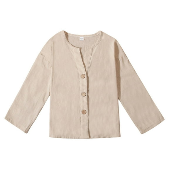 Boys Cotton Linen Shirt Toddler Boys Button Up Pocket Long Sleeve Blouse Dress Shirts Spring Fall Tees Tops,Color:Beige,4-5 Years