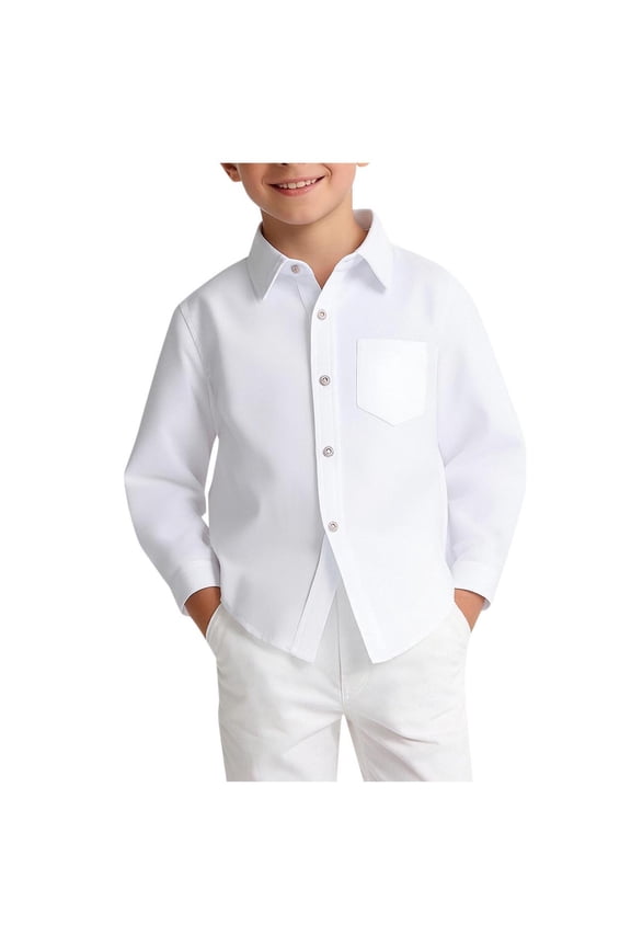 Boys Cotton Long Sleeve Shirts Lapel Collared Button Down School Uniform Shirt Kids Loose Solid Color Spring Tops