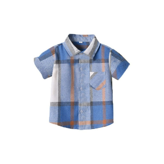 Boys Cotton Shirts Button-Down Short Sleeve Shirts Casual Summer Plaid Shirts with Pocket