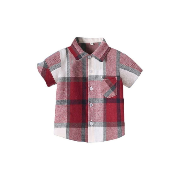 Boys Cotton Shirts Button-Down Short Sleeve Shirts Casual Summer Plaid Shirts with Pocket