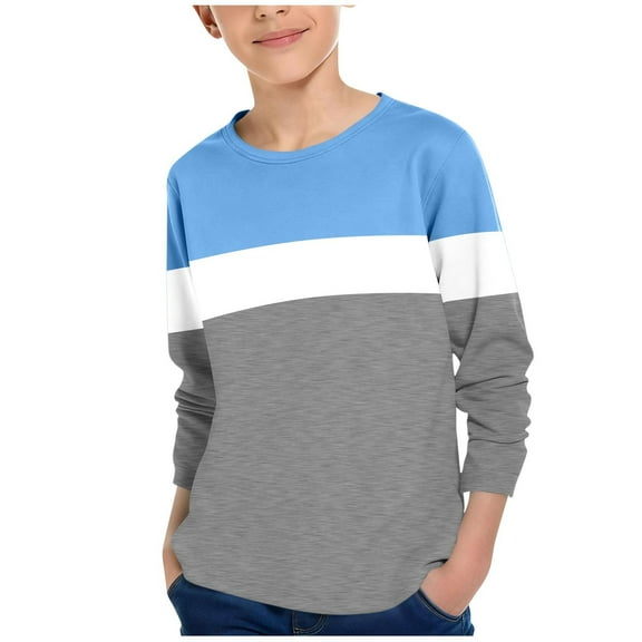 Boys Cotton T-Shirts Colorblock Crew Neck Base Layer Tees Kids Long Sleeve Casual Fall Spring Tops 3-14 Years (13 Years, Blue)