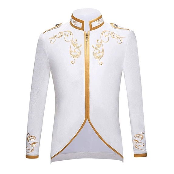 Boys Court-Style Long Sleeve Print Zipper Suit Jacket Stand Collar Coat for Birthday Graduation Wedding Party White 8-9 Years