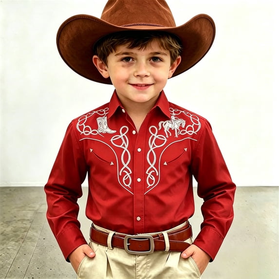 Boys Cowboy Shirts Long Sleeve Lapel Button Down Shirt Breathable Casual Kids Western Tops Size 4-5Y