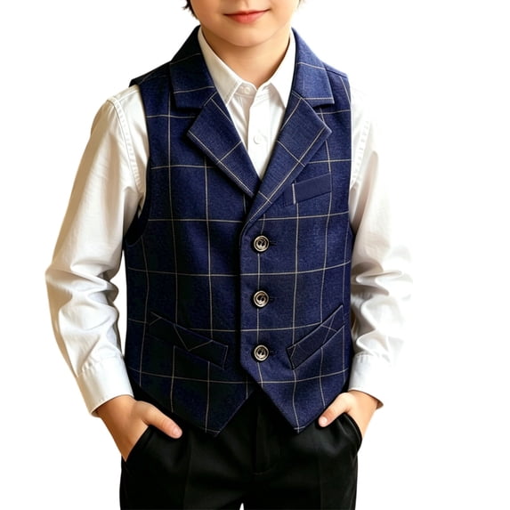 Boys Cowboy Western Vest Slim Fit Vintage Casual Waistcoat with Pockets Boys' Plaid Formal Suit Vest Kids Checkered Waistcoat